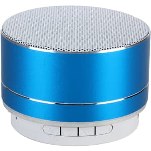 A blue metal Bluetooth speaker with a silver mesh top and control buttons on the base.