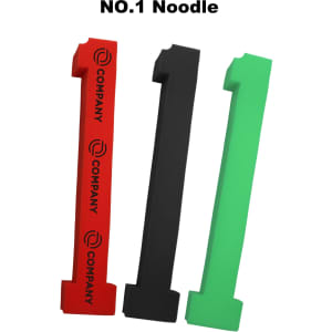 Three drink stirrers in red, black, and green, shaped like the number one, with subtle branding.