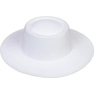 A white flat top felt fedora hat with a wide brim and a rounded crown. The hat features a logo.