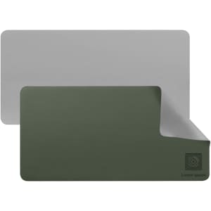 A PU leather desk mat in green and grey, featuring a subtle logo on the corner.