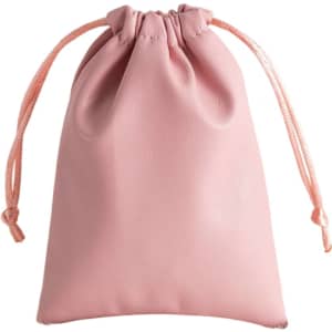 A pink PU leather drawstring gift bag with matching drawstrings, featuring a smooth texture and a simple design.