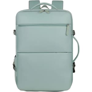 An expandable backpack in a light teal colour with multiple pockets and zippers, featuring a logo.