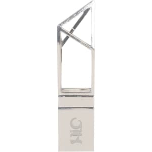 A silver flash drive with a unique geometric design and a logo on the body.