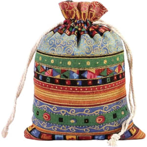 A patterned linen burlap drawstring bag featuring vibrant colours and decorative designs. It has a drawstring closure.