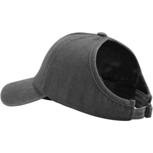 A grey ponytail top hat with an open back design, featuring a curved brim and an adjustable strap.