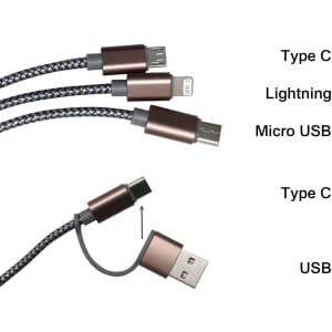A braided charging cable in black and bronze, featuring Type C, Lightning, and Micro USB connectors.