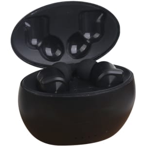 A set of black luxury round true wireless earbuds in an open charging case. The case has a smooth, rounded design.