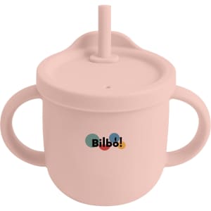 A drink bottle in soft pink silicone with two handles and a straw, featuring a logo on the front.