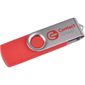 A red and silver double-end Belton Type C flash drive with a clip and branding on its side.