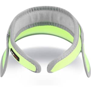 A 360° swivel sun visor hat in neon green and grey with a logo. Features a comfortable, flexible design.