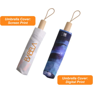 A triple folding RPET umbrella in white with a screen print cover and a blue digital print cover, featuring wooden handles.