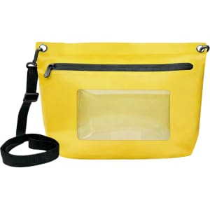 A yellow PVC crossbody phone bag with a clear window and a black adjustable strap. It features a zippered pocket.