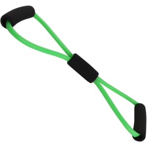 A green figure 8 resistance band with black handles, designed for sports and fitness activities.