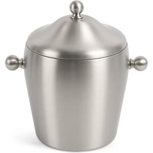 A stainless steel ice bucket with a smooth finish and decorative lid, featuring two rounded handles.