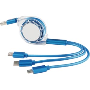 A retractable charging cable in blue, featuring three connectors and a circular casing with a logo.