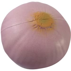 A purple onion-shaped stress reliever, featuring a smooth surface with a slight yellow centre. It has a logo on it.