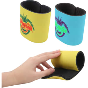 A drink bottle cooler featuring vibrant yellow and blue colours with a logo, designed to fit snugly around a bottle.