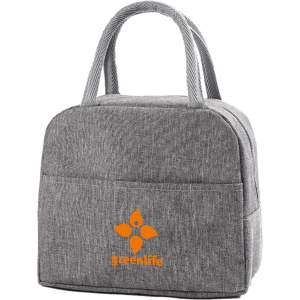 A grey cooler lunch bag with two handles and a logo on the front. The material has a textured appearance.