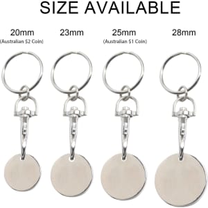 A set of metal keyrings featuring coin-sized discs in four different diameters, each with a silver finish.