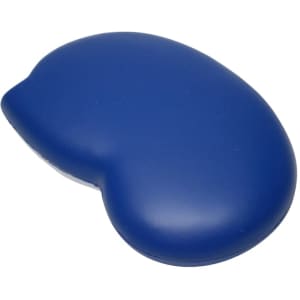 A blue kidney-shaped stress reliever with a smooth finish, featuring a logo on one side.