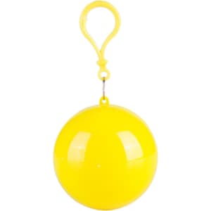 A yellow ball with a clip, featuring a smooth, glossy surface. It contains a compact rain poncho.