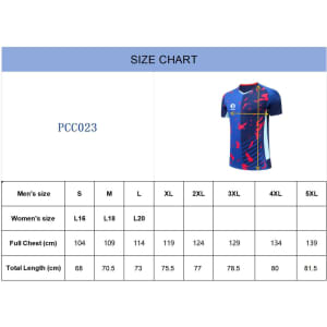 A size chart for a multi-coloured unisex T-shirt with dimensions for men's and women's sizes. Features a logo.