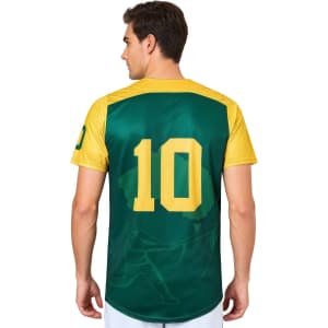 A green and yellow men's 100% polyester baseball jersey featuring the number 10 and a logo.