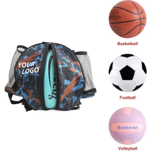 A ball backpack in blue and black design, featuring mesh sides and containing a basketball, football, and volleyball.