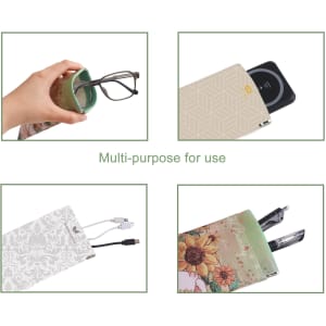 A multi-purpose pouch featuring various designs, including floral and geometric patterns, suitable for glasses and accessories.