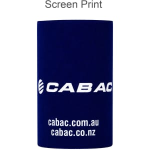 A stubby holder in navy blue featuring a logo and designed for drinkware.