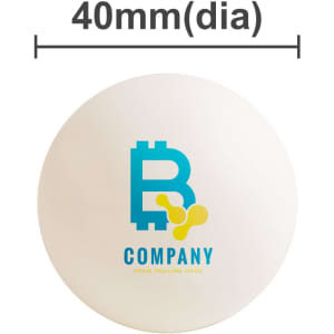 A white table tennis ball featuring a logo, with a diameter of 40mm.
