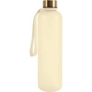 A drink bottle in cream with a gold lid and a carrying strap. It has a logo on the body.