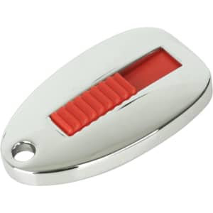 A shiny silver flash drive with a sliding red section and a hole for attachment. It features a logo on the surface.