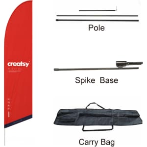 A red angled feather banner with a pole, spike base, and carry bag included. Features a logo.