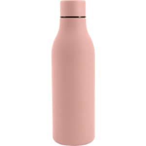A drink bottle with a sleek design, featuring a pink thermal rubber coating and a silver cap. It has a logo on the side.