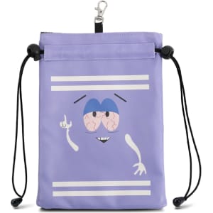 A purple pouch with a cartoon character design, featuring a clasp and drawstring closure for storage.