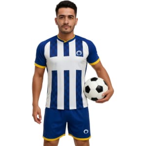 A man holds a soccer ball while wearing a blue and white striped athletic shirt with matching shorts.