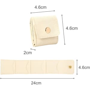 A cream synthetic leather jewellery bag, featuring a foldable design with compartments and a snap button closure.