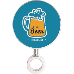 A circular badge featuring a graphic of a beer mug on a teal background with a silver ring attachment.