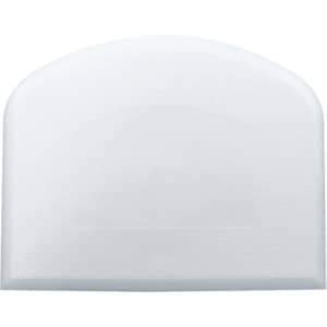 A flexible bowl scraper in white with a textured surface and a rounded top, featuring a logo.