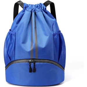 A blue drawstring backpack with mesh side pockets and a zipped bottom compartment. It features a logo.