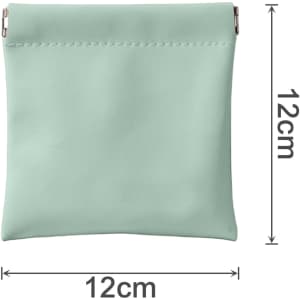 A small, mint green cosmetic bag with a zip closure, measuring 12 cm by 12 cm. It features a branding logo.