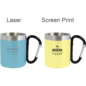 A drink bottle featuring a blue and yellow recycled stainless steel mug with carabiner handles and logos.