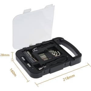 A black tool kit containing various tools and bits, housed in a clear lid case with a handle.