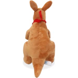 A plush kangaroo toy in brown, featuring red accents, with a smooth texture and a branding tag.