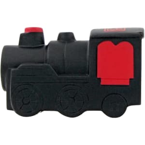 A black and red locomotive-shaped stress reliever with textured wheels and a simple design.
