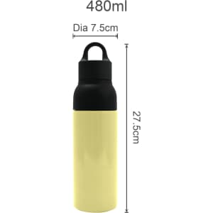 A drink bottle with a black lid and a yellow body, featuring a logo. It has a capacity of 480ml.