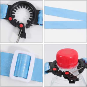 A drink bottle lanyard in light blue, featuring a black clasp and a red button for secure attachment.