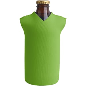 A drink bottle cooler in bright green with a V-neck design, featuring a bottle inside and a gold cap.