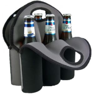 A drink bottle cooler in grey, holding six bottles, featuring a convenient carrying handle and a branded logo.